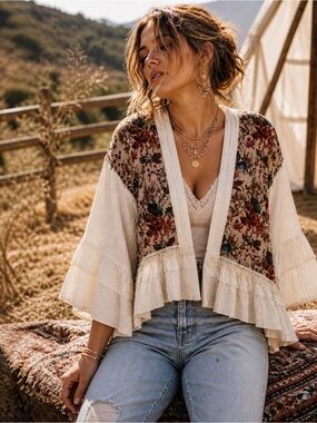 POL Anthropologie Style Boho Floral Patchwork Jacket Kimono Ruffle Crop Layering